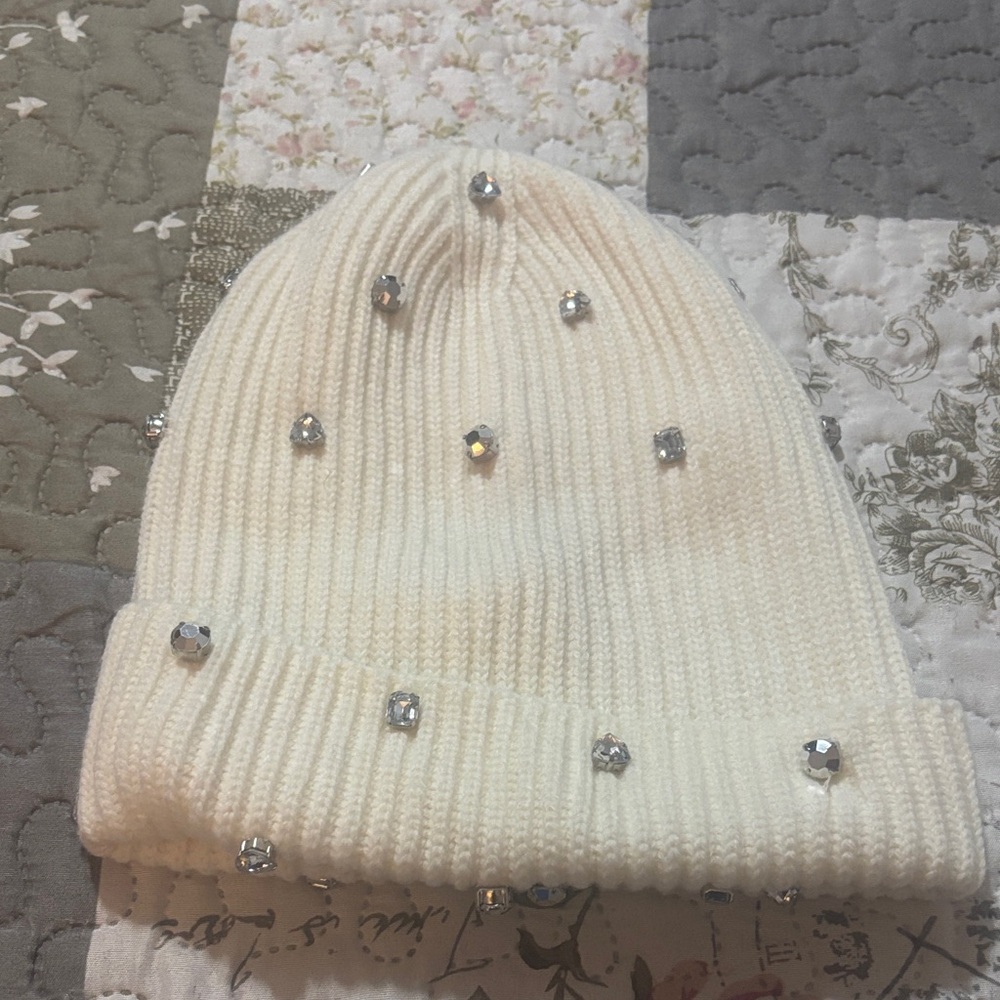 Kate Spade Cream Knit Hat with Silver Embellishments